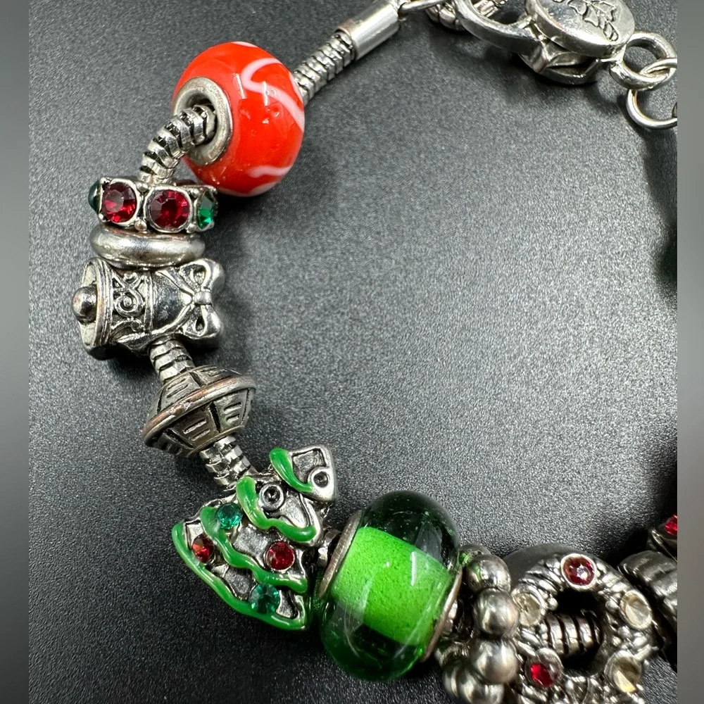 Christmas Slider Charm Bracelet Tree Wreath Bell Glass Beads
